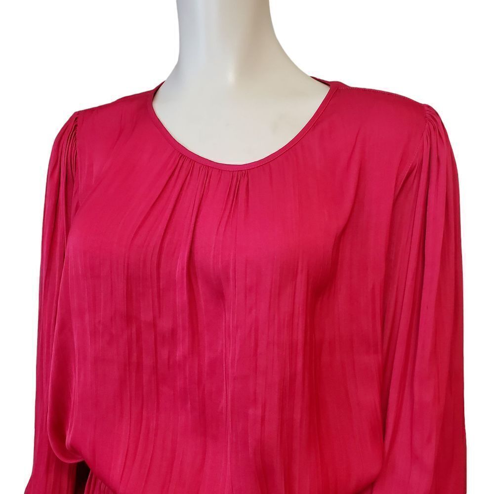 Evereve Hailey Hot Pink Fit & Flare Mini Dress Size L Long Sleeve Tiered Satin - Picture 4 of 9
